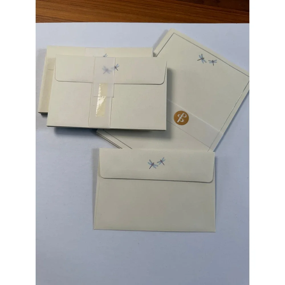 New Peter Pauper Press Stationery Set Cream Blue Dragonfly Motif Gold Foil